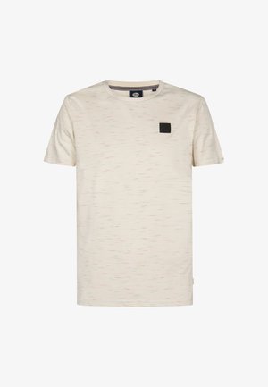 T-shirt à manches courtes en beige clair avec un motif texturé. Présente un petit logo carré noir sur la poitrine gauche. Design classique à col rond.