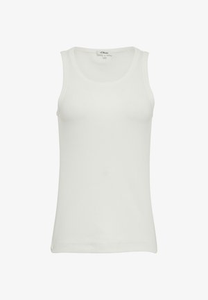 Valge tank top, millel on ümmargune kaelus, ilma varrukateta disain, sile tekstuur ja liibuv vorm. Valmistatud pehmest materjalist.