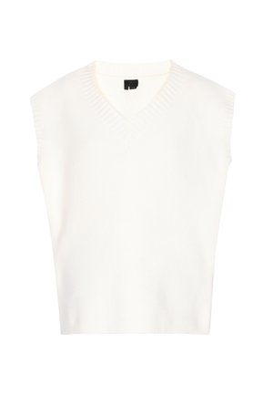 Top senza maniche a scollo a V in morbido tessuto bianco, con dettagli a coste lungo il collo e una vestibilità rilassata. Texture liscia e design semplice.