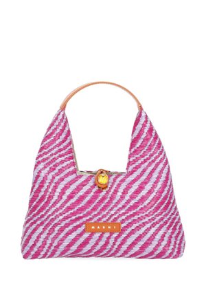 Borsa con motivo ondulato rosa e bianco, manico corto in pelle marrone chiaro, bottone decorativo giallo e patch rettangolare con il logo Marni.