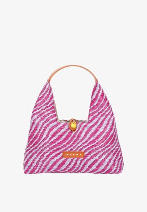 Borsa con motivo ondulato rosa e bianco, manico corto in pelle marrone chiaro, bottone decorativo giallo e patch rettangolare con il logo Marni.
