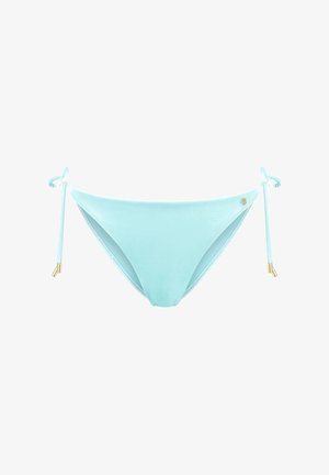 Light blue bikini bottom with a smooth texture, featuring side ties and gold-tone hardware accents. Minimal coverage design.
