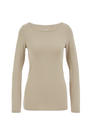 Beige top met lange mouwen, een ronde halslijn, zachte rekbare stof, aangesloten pasvorm en een effen textuur; geen zichtbare patronen of accenten.
