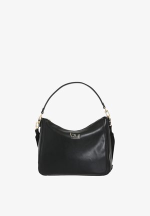 Borsa a tracolla in pelle nera con trama liscia, forma curva e dettagli in metallo dorato. Dotata di tracolla e chiusura con cerniera.