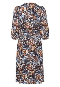 Blumenkleid mit Puffärmeln, ausgestattet mit einem mehrfarbigen Muster in Marineblau, Braun und Creme. Aus leichtem Stoff gefertigt, knielanges Design.
