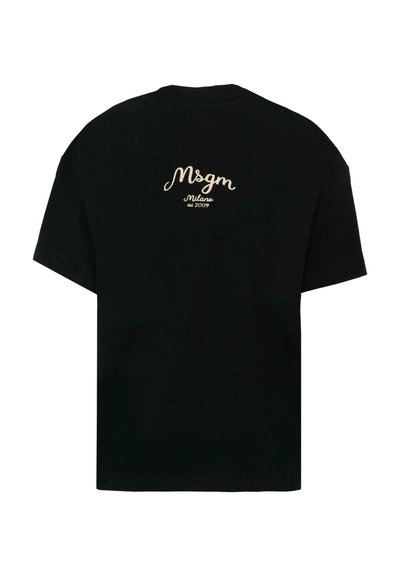 Zwarte katoenen t-shirt met korte mouwen, voorzien van een crèmekleurig geborduurd logo op de achterkant met de tekst "Msgm Milano at 2009." Zachte textuur.