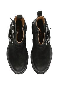 Black suede ankle boots with leather accents, featuring a side buckle detail and smooth finish. The interior is tan leather.