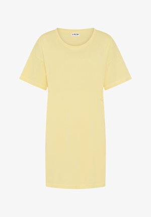 Enkelt lys gul kortærmet T-shirt med rund hals og en lille lapp mærket LSCN ved kraven.
