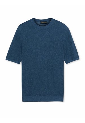 Maglione a maniche corte blu, in maglia, con scollo tondo e orlo a coste, esposto su sfondo bianco.