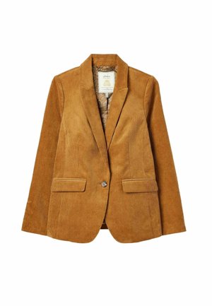 Brown corduroy blazer with a notched lapel, two front pockets, single button closure, and patterned interior lining. Textured fabric with vertical ribs.