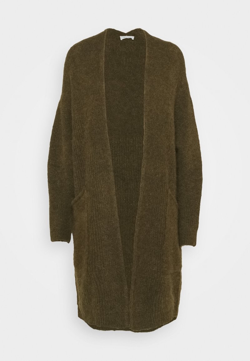 Olivgrüner, gestrickter Cardigan mit offener Vorderseite, langen Ärmeln und Seitentaschen. Strukturierter Stoff und mittellanges Design.