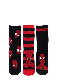 Tre paia di calze con design di Spider-Man: una con teste di Spider-Man rosse su sfondo nero, un'altra con strisce rosse e nere e l'ultima con il viso di Spider-Man.