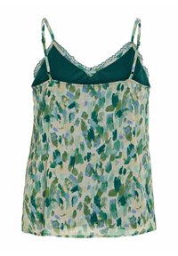 Camisole sans manches pour femme avec bretelles réglables, imprimé floral abstrait vert et bleu, et encolure bordée de dentelle vert foncé.