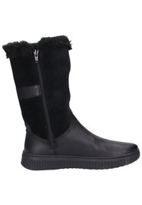 Botte d'hiver noire mi-mollet avec fermeture éclair latérale, doublure en fausse fourrure en haut, partie inférieure en cuir et semelle plate en caoutchouc.