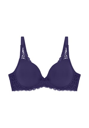 Purple padded bra with lace details on straps and band, featuring a small central bow on a white background.