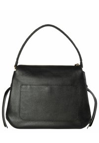 Borsa nera in pelle con una texture a pallini, dotata di un'unica maniglia intrecciata e una tasca frontale. Chiusura con zip nella parte superiore.