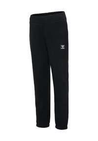 Sort fleecebukser med tilspidsede ben og elastisk linning, med et lille Hummel-logo på det øverste højre lår.