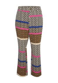 Květované kalhoty v kombinaci barev, včetně béžové, hnědé, černé, růžové a modré, s grafickými vzory a zkrácenou délkou.