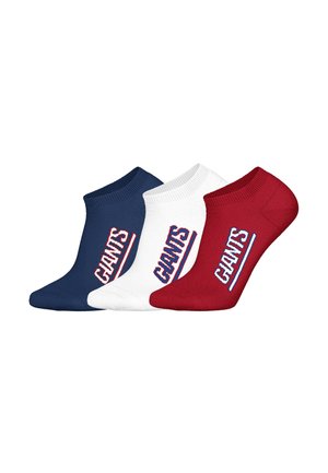 Three pairs of ankle socks: navy, white, and red. Each features a contrasting logo with horizontal stripes at the ankle. Cotton blend material.