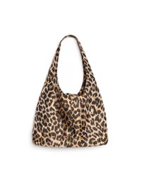 Minkšti audinio peties maišelis su plačiu diržu, su rudos ir juodos leopardų rašto ornamentu ant smėlio spalvos fono.