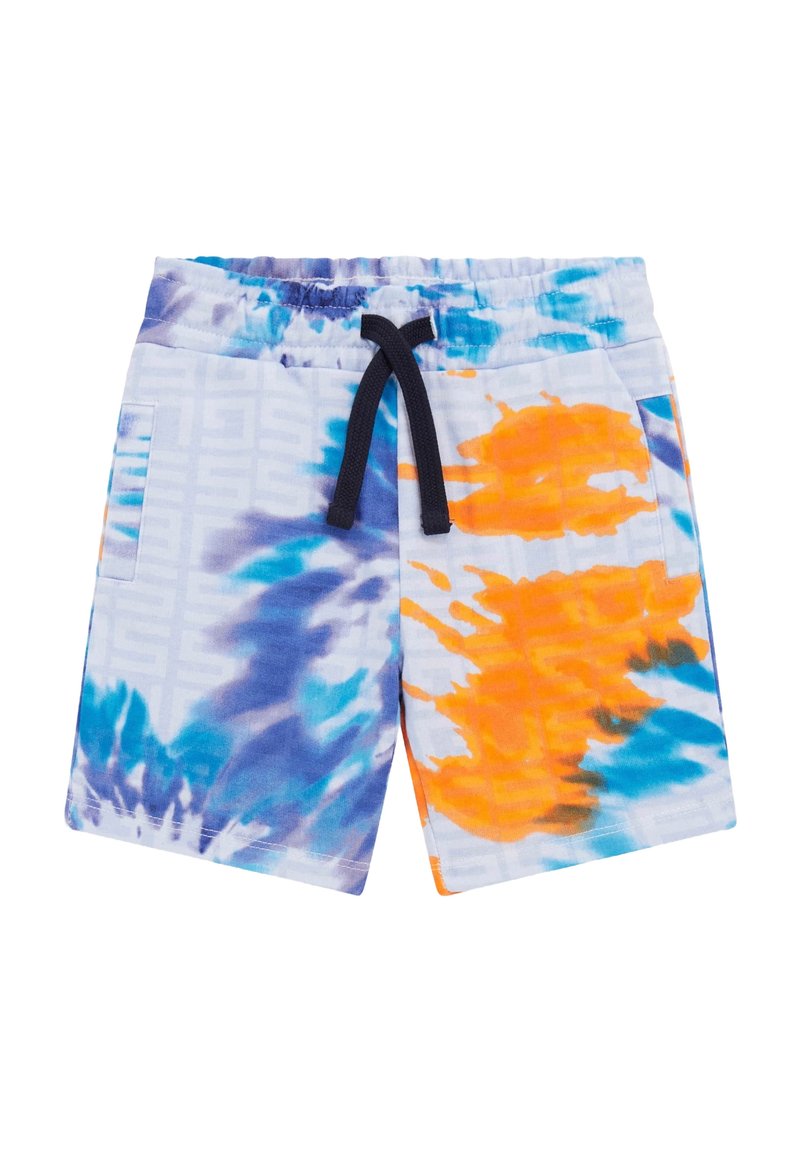 Modre in oranžne plavčne hlače s tie-dye vzorcem, elastičnim pasom, črnim vrvico in stranskim žepom. Narejene so iz mehke tkanine z teksturiranim vzorcem.
