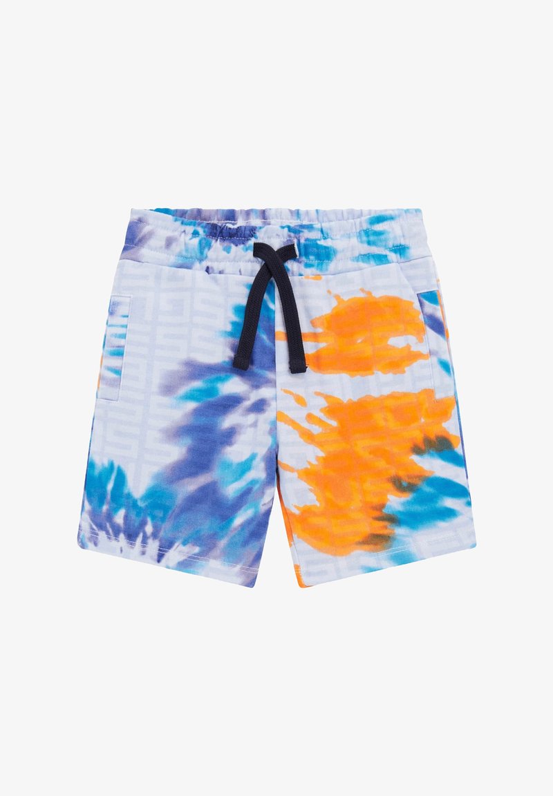 Modre in oranžne plavčne hlače s tie-dye vzorcem, elastičnim pasom, črnim vrvico in stranskim žepom. Narejene so iz mehke tkanine z teksturiranim vzorcem.