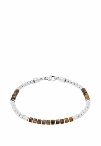Braccialetto di perline con sfere metalliche argentate e pietre di occhio di tigre rettangolari alternate in tonalità di marroni e neri. Chiusura sicura.