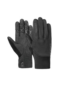 Black gloves with a textured palm, reinforced stitching, and elastic cuffs. Features silicone grip accents and a sleek design.