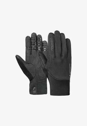 Mustat käsineet, joissa on teksturoitu kämmen, vahvistetut saumat ja joustavat hihat. Ominaisuuksiin kuuluvat silikoniset pitopinnat ja tyylikäs muotoilu.