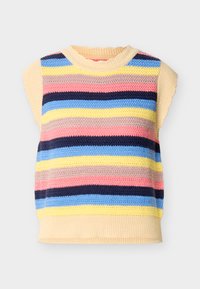 Pull sans manches en maille avec de larges rayures horizontales jaunes, roses, bleu marine, bleues et beiges sur un fond crème.