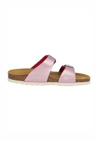 Sandali in pelle rosa con due larghe cinghie, soletta in sughero e suola in gomma textured. Presentano fibbie argentate e logo impresso sul lato.