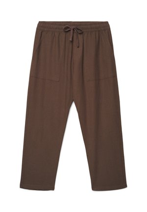 Pantalon marron ample avec taille élastique, cordon de serrage et deux poches plaquées à l'avant, présenté à plat sur fond blanc.