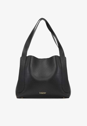 Schwarze Lederhandtasche mit weicher, strukturierten Oberfläche, gewölbtem Oberteil, breiten Schulterriemen und goldener Markenprägung auf der Vorderseite.