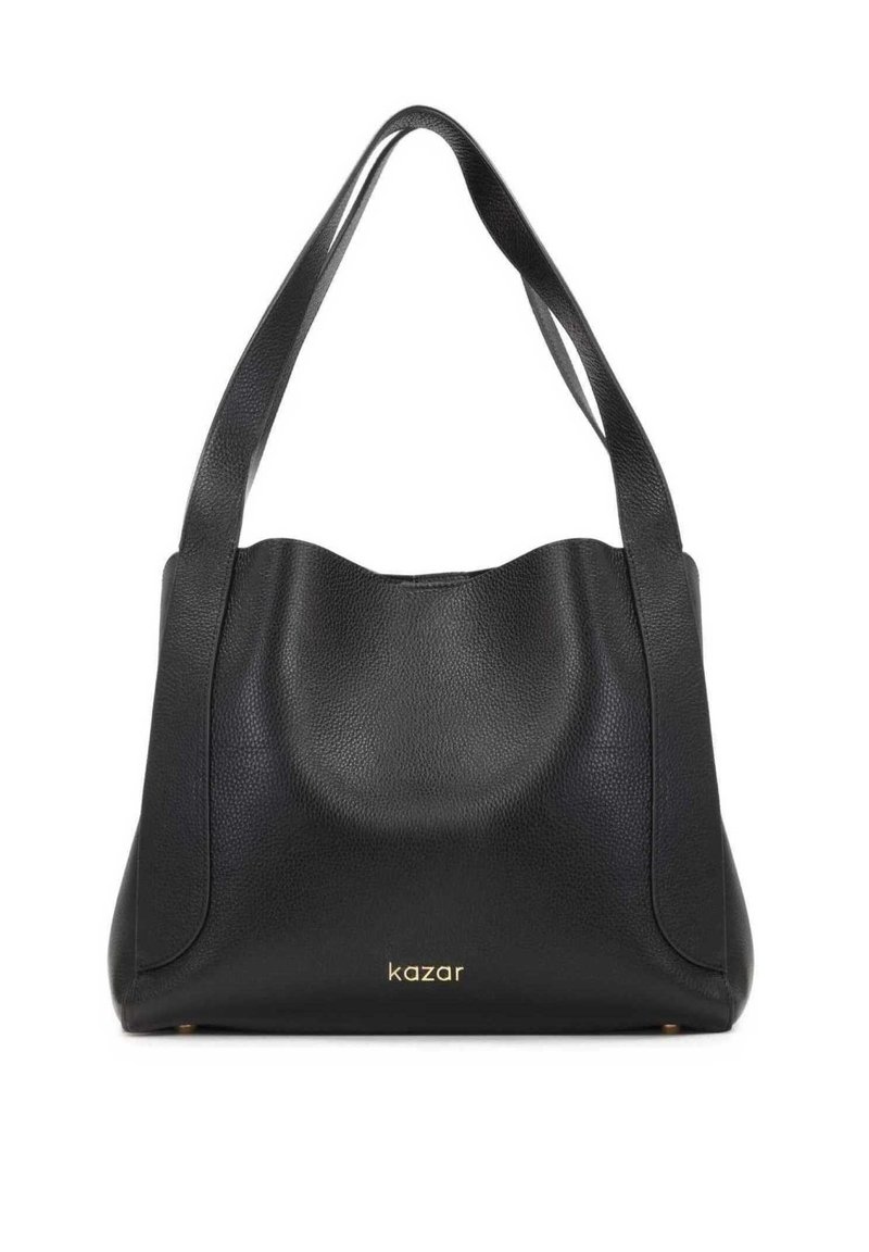 Borsa a spalla in pelle nera con superficie morbida e texturizzata, parte superiore curva, ampio manico e logo dorato sul fronte.
