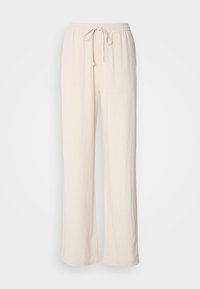 Pantalon beige clair en mélange de lin avec une taille élastique, un cordon de serrage réglable et des jambes droites. Texture lisse avec un motif de tissage subtil.
