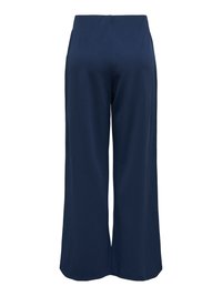 Pantalon large bleu marine à taille haute et texture lisse, vu de dos sur fond blanc.
