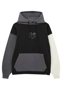 Sudadera con capucha que presenta paneles en negro, gris y blanco, con un bolsillo frontal y un gráfico en el pecho que dice "STAY UNITED". Material de mezcla de algodón.