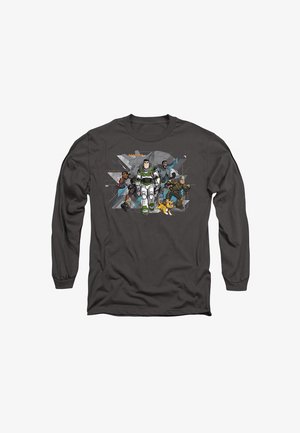 Langarmiges, dunkelgraues Shirt mit einem bunten Grafikdesign von Cartoonfiguren, darunter ein Weltraum-Ranger, in lebendigen Farben und unterschiedlichen Posen.