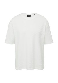 Weißes Kurzarm-T-Shirt aus strukturiertem Gewebe, mit lockerer Passform und rundem Ausschnitt, durchzogen von einem subtilen Karomuster.