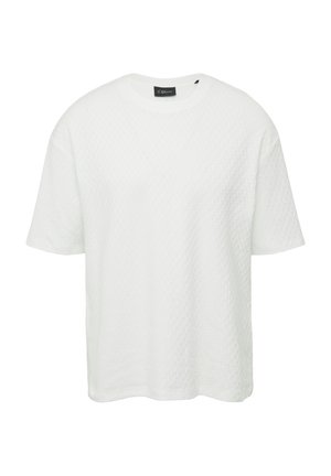 Witte T-shirt met korte mouwen van textuurstof, met een losse pasvorm en een ronde halslijn, voorzien van een subtiel ruitpatroon.