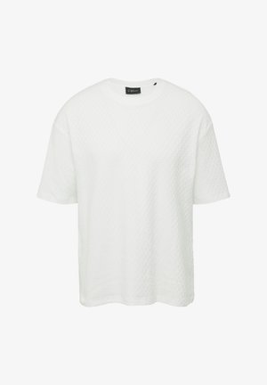 Witte T-shirt met korte mouwen van textuurstof, met een losse pasvorm en een ronde halslijn, voorzien van een subtiel ruitpatroon.