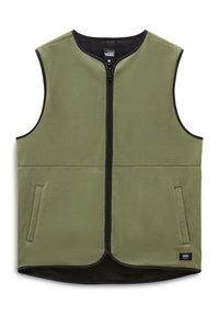 Gilet in pile di Vans in verde oliva con zip frontale, design senza maniche, due tasche laterali e rifiniture nere sui bordi.
