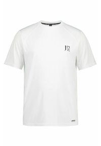 Wei�ßes Sport-T-Shirt mit kurzen Ärmeln und Einsätzen aus Netzstoff, das ein kleines schwarzes Logo auf der Brust und flache Nähte für zusätzlichen Komfort aufweist.