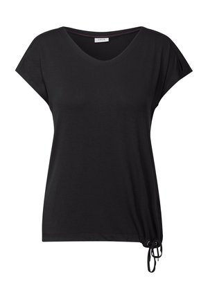 Schwarzes Baumwoll-T-Shirt mit V-Ausschnitt, kurzen Ärmeln und einem gerafften Seitenbereich mit einem Kordelzug für eine verstellbare Passform.