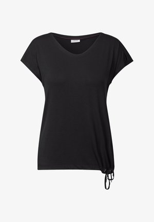 Mustat puuvillaiset t-paidat, joissa on V-pääntie, lyhyet hiharat ja kootut sivuyksityiskohdat, joissa on kiristettävä nyöri säädettävää istuvuutta varten.