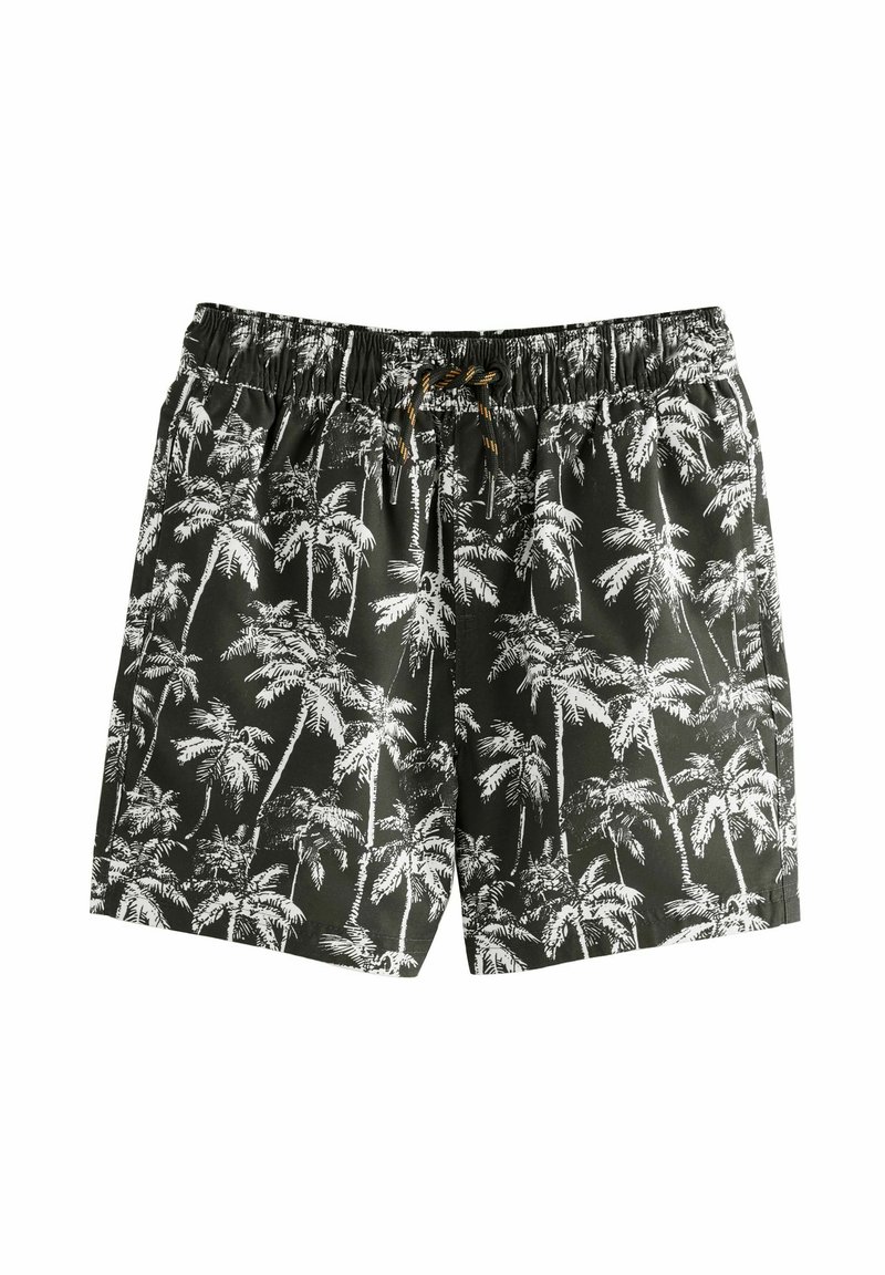 Shorts de bain colorés avec un fond noir et des motifs de palmiers blancs, taille élastique et fermeture à cordon.
