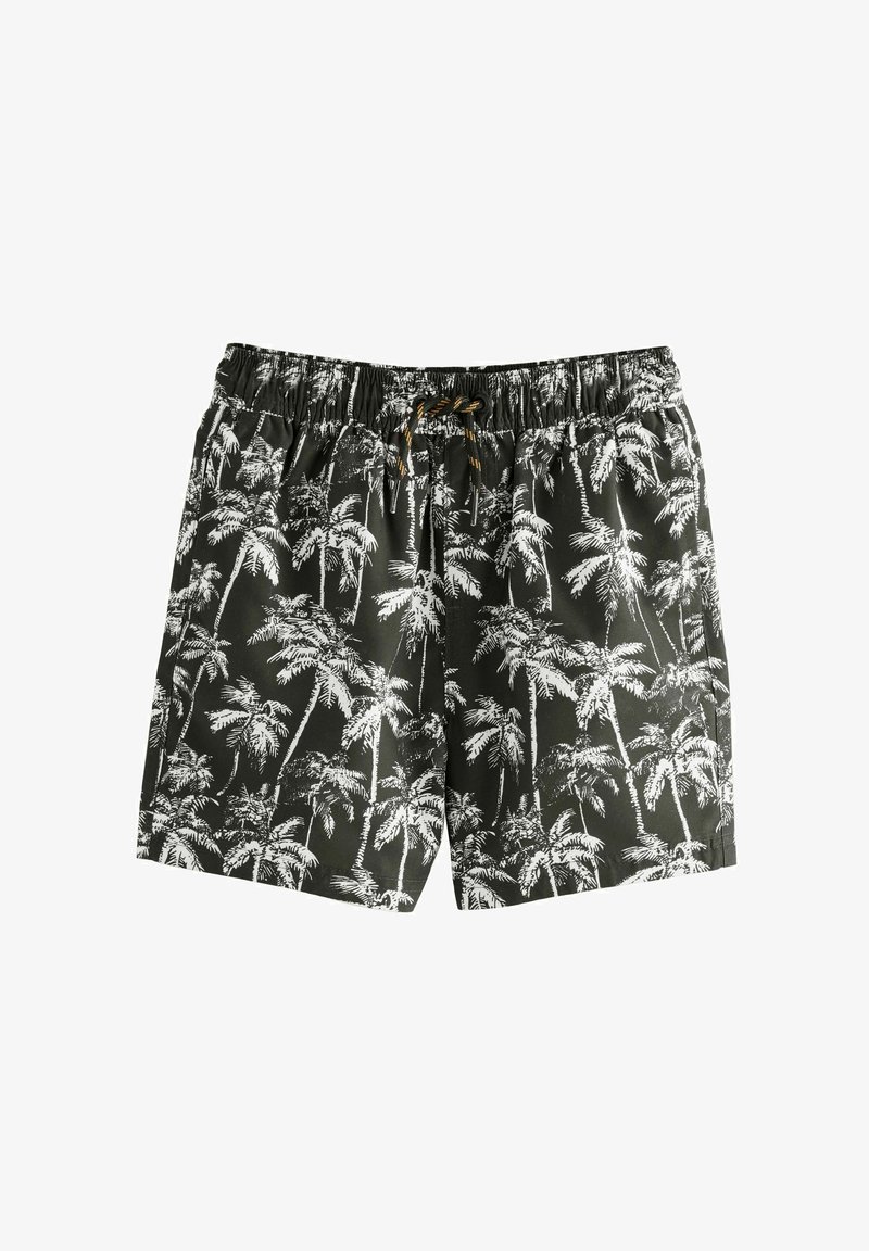 Costumi da bagno colorati con uno sfondo nero e motivi di palme bianche, vita elastica e chiusura con cordino.
