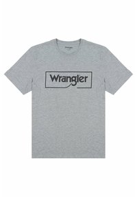 Gray short-sleeve t-shirt made from cotton blend fabric featuring a black "Wrangler" logo in a rectangular outline on the front.