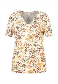 Korte mouwen, V-hals bloemenblouse in crèmekleur, met een kleurrijk patroon van bloemen en geometrische vormen in bruin, groen en geel.