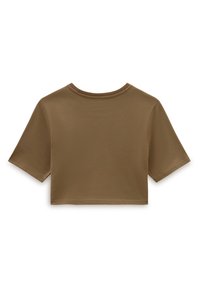 Camiseta recortada de manga corta en un color marrón oscuro sólido. Hecha de un tejido suave, con un escote redondo y costuras limpias y simples.